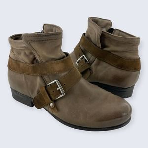 Miz Mooz Spencer Brown Leather Buckle Strap Inner Zip Ankle Boot Wide 42 10.5 11
